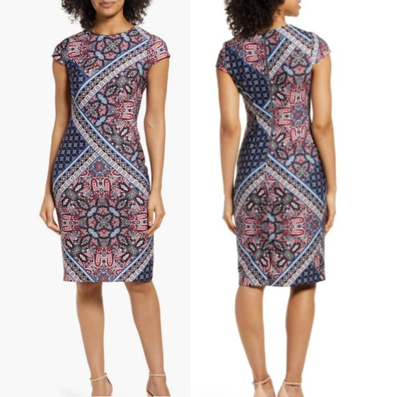 NWT New $138 Vince Camuto Mixed Print Scuba Crepe Body-Con Dress Size 12 - Picture 1 of 14